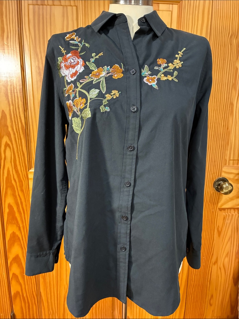 Chico's Black Button-Shirt with Floral Embroidery